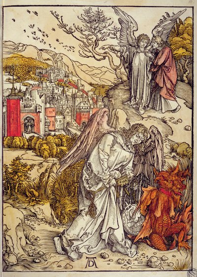 Engel met de Sleutel van de Afgrond, 1498 (kleur houtsnede) door Albrecht Dürer
